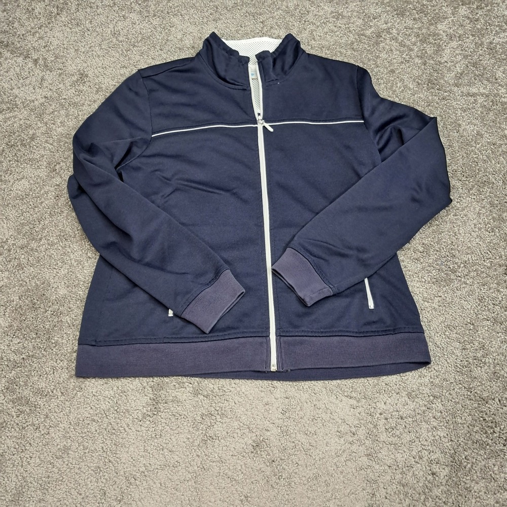Prospirit Womens Navy Blue Full Zip Track Jacket White Piping Mesh Lined Size L